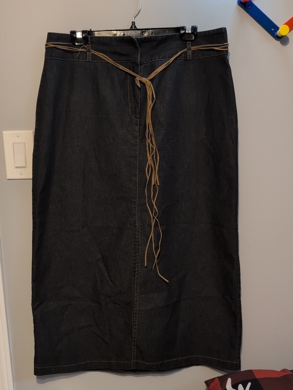 Black Denim Maxi Skirt with Tan Braided Waist Tie